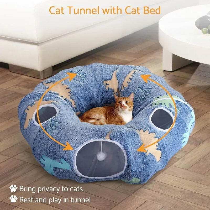 Foldable Cat Tunnel – Interactive Play System with Peekaboo Cave, Plush Bed & 4 Entry Points